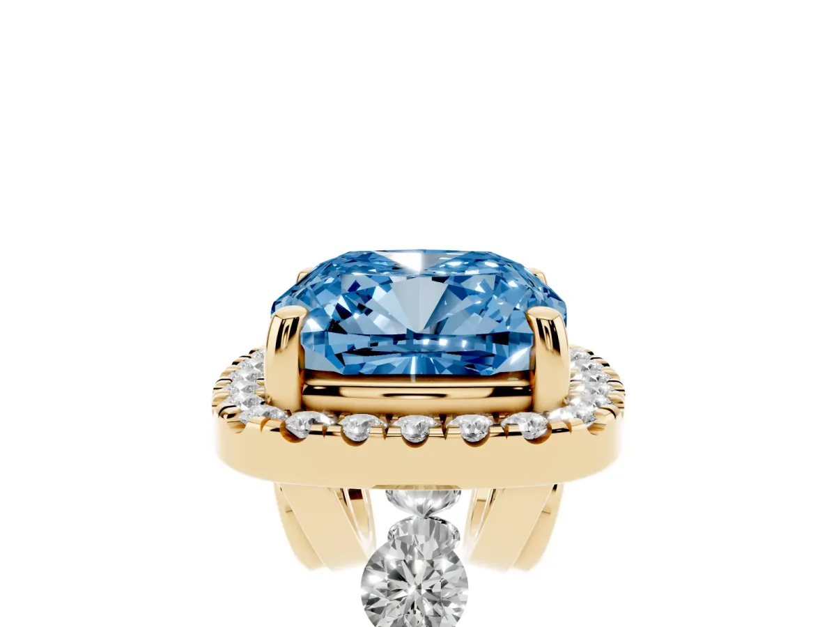 Fancy Blue Cushion Cut Halo Pavé Diamond Engagement Ring with Four-Prong Setting Yellow gold