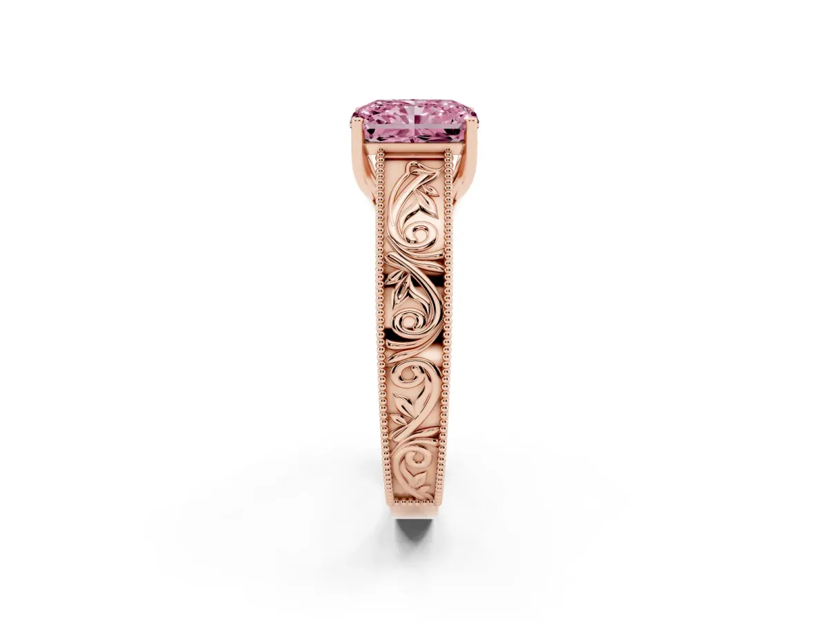 Fancy Pink Radiant Cut Diamond Solitaire Ring with Engraved Band and Four-Prong Setting Rose gold
