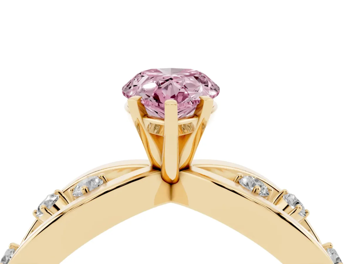 Fancy Pink Pear Cut Cut Solitaire Diamond with Side Stones on Criss-Cross Band and Four-Prong Setting Yellow gold