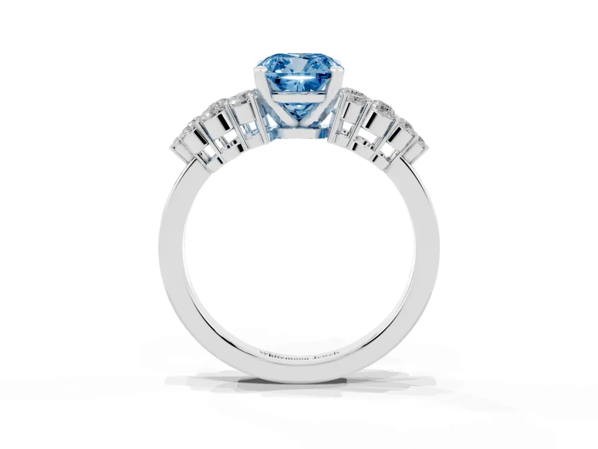 Fancy Blue Cushion Cut Cluster Diamond Engagement Ring with Pavé Band and Four-Prong Setting White gold