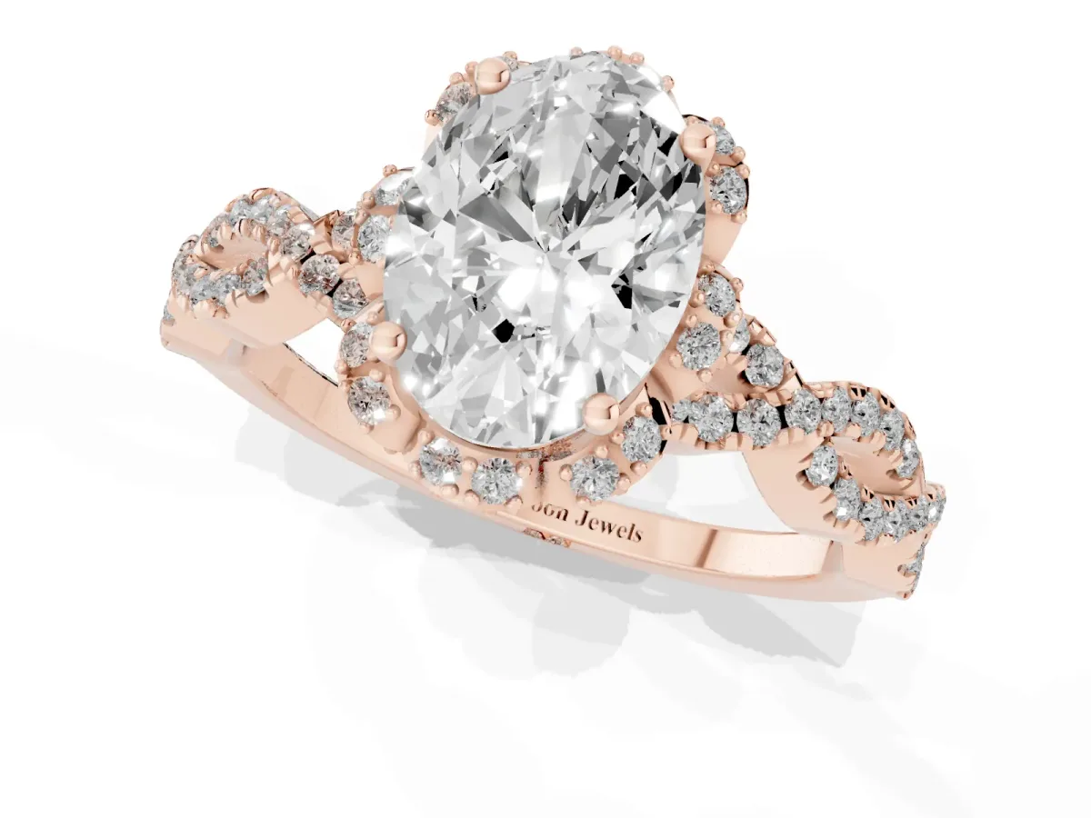 Oval Cut Halo Twist Band Solitaire Ring with Six-Prong Setting Rose gold