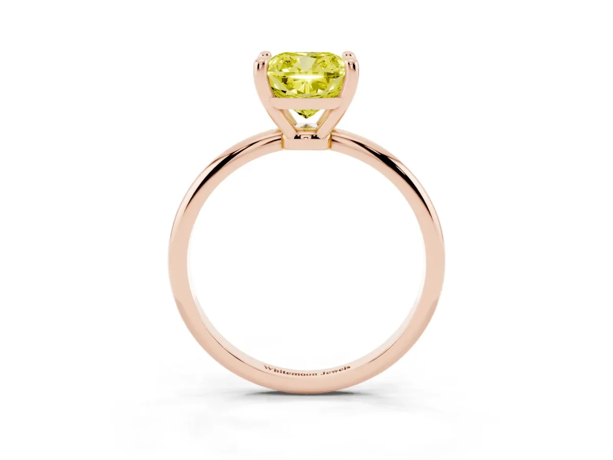 Fancy Yellow Cushion Cut Solitaire Diamond Ring with 4-Prong Setting on a Classic Band Rose gold