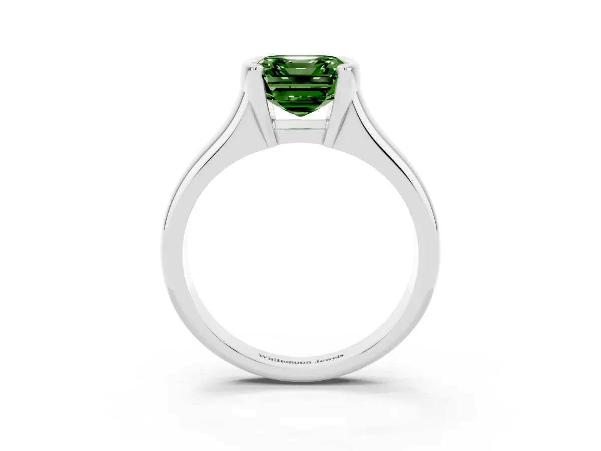 Fancy Green Asscher Cut Solitaire Tension Set Diamond Ring with Split Shank Band Silver