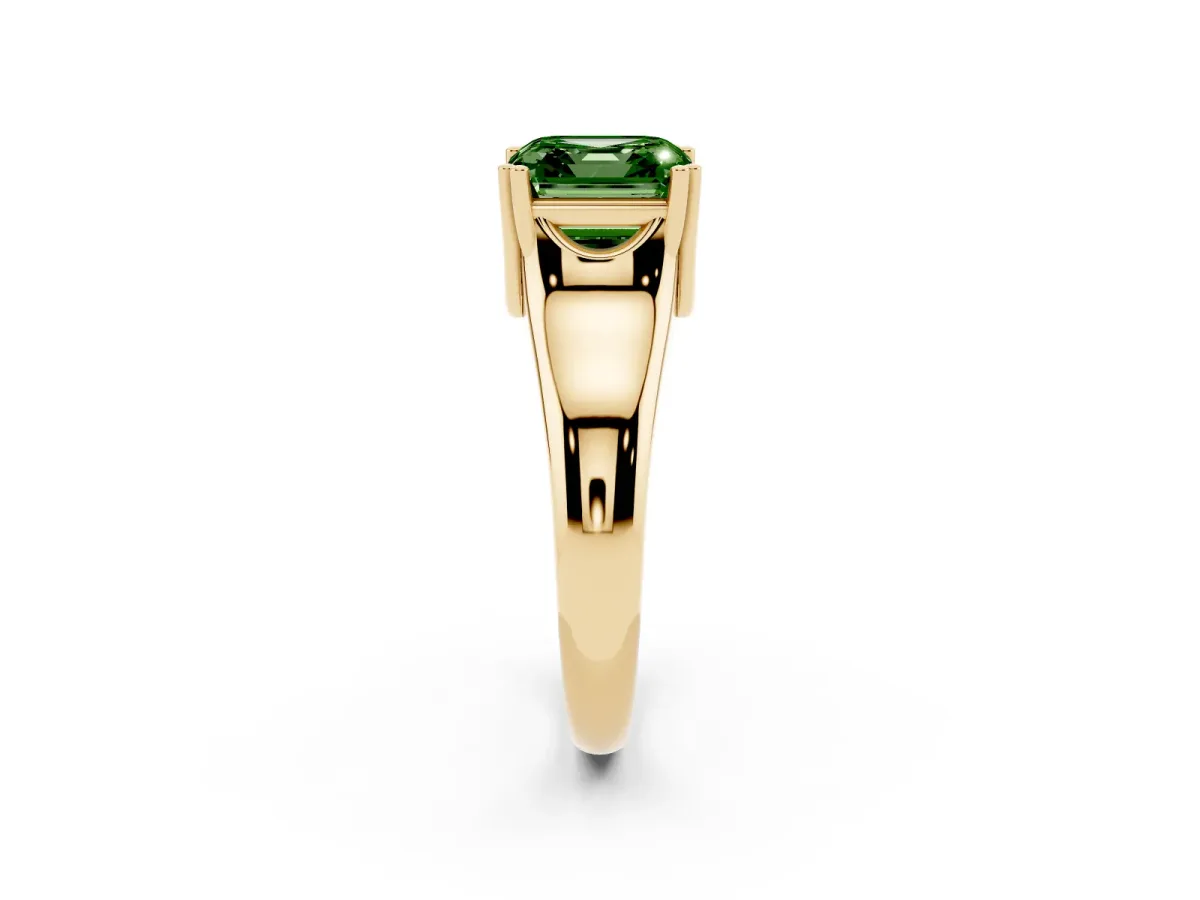 Fancy Green Asscher Cut Diamond Solitaire Ring with Wide Band and Prong Setting Yellow gold