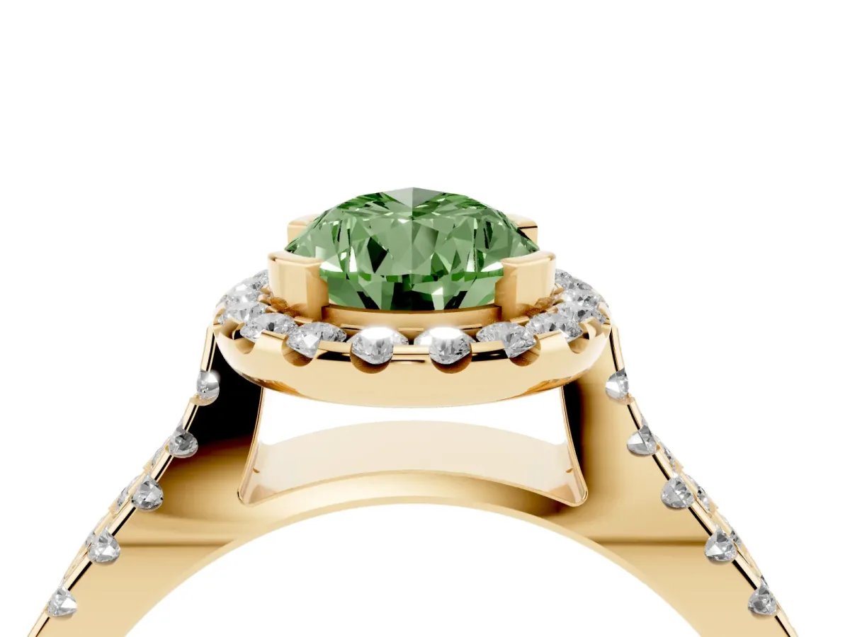 Fancy Green Pear Cut Diamond Halo Ring with Split Shank Pavé Band and Prong Setting Yellow gold
