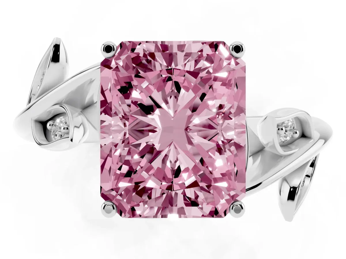 Fancy Pink Radiant Cut Solitaire Twist Engagement Ring with Leaf Accents and Prong Setting White gold