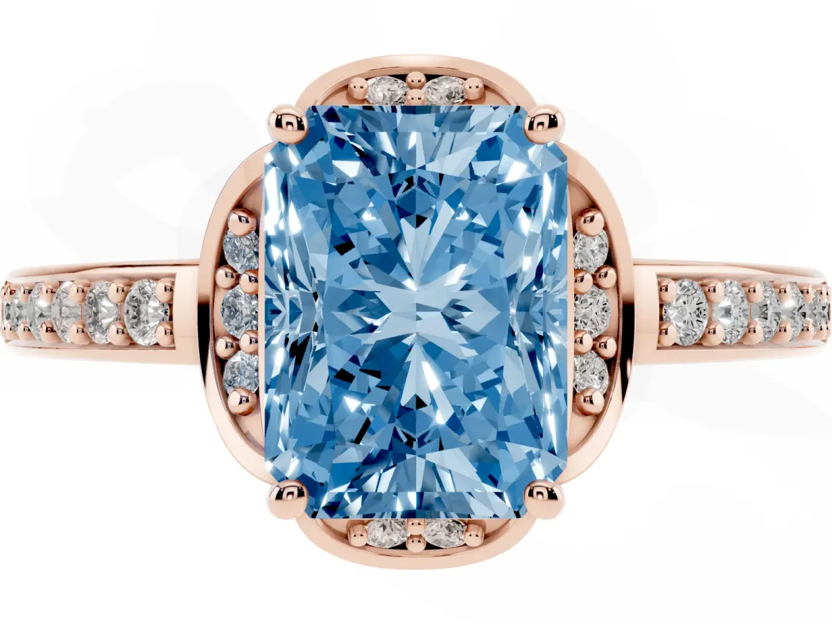 Fancy Blue Radiant Cut Cut Halo Diamond Ring with Channel Set Band and Four-Prong Setting Rose gold
