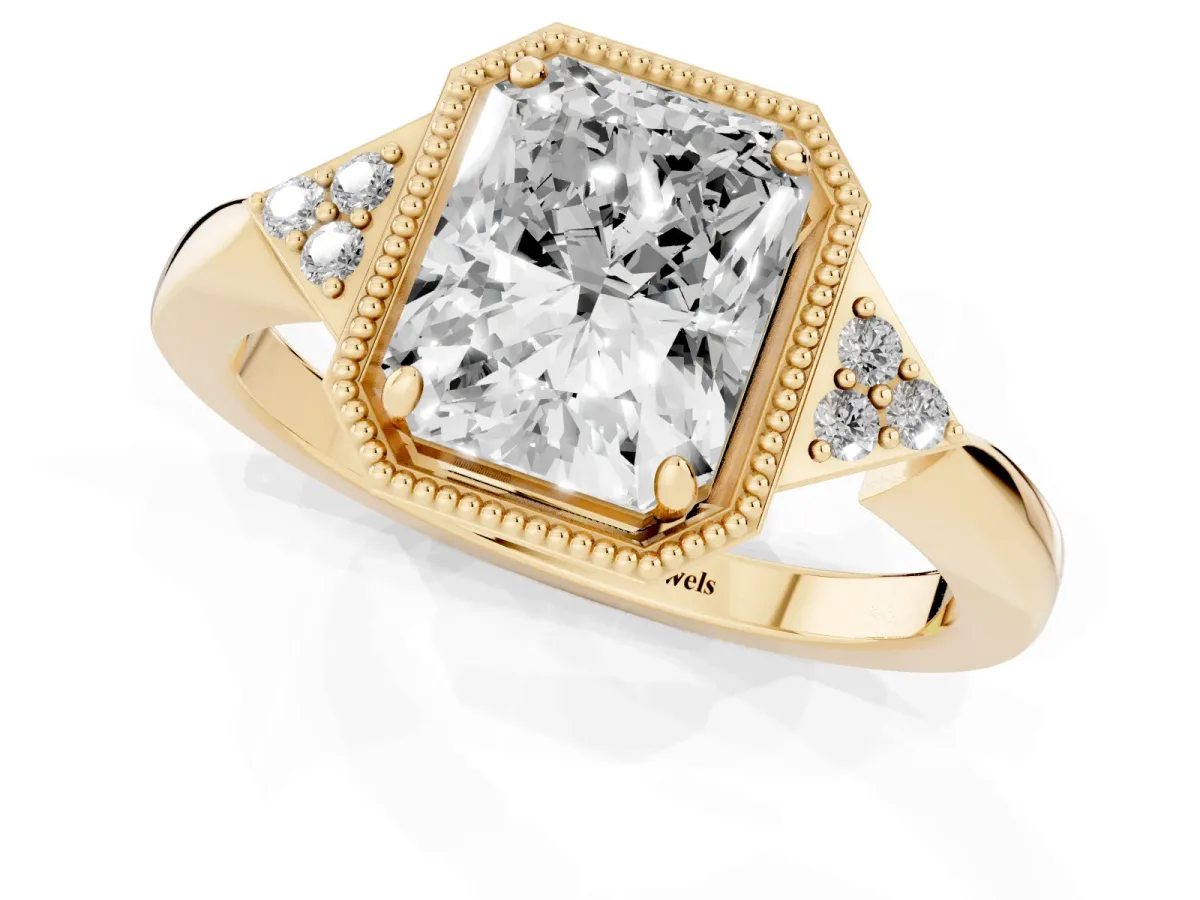 Hexagonal Halo Radiant Cut Diamond Solitaire with Pavé Band and Four-Prong Setting Yellow gold
