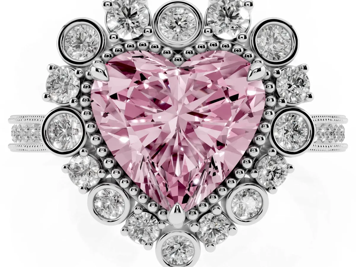 Fancy Pink Heart Cut Halo Milgrain Pave Diamond Ring with Four-Prong Setting White gold