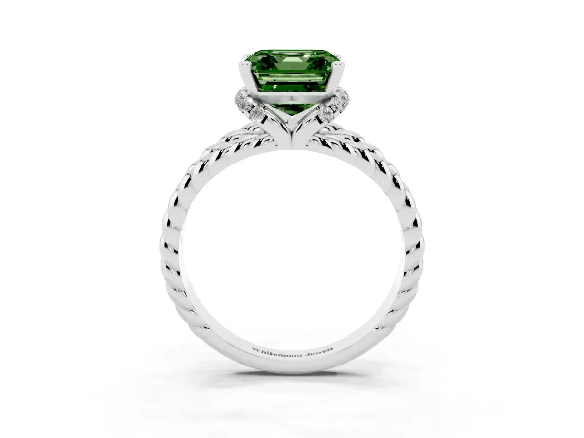 Fancy Green Asscher Cut Halo Twisted Band Four-Prong Ring Silver