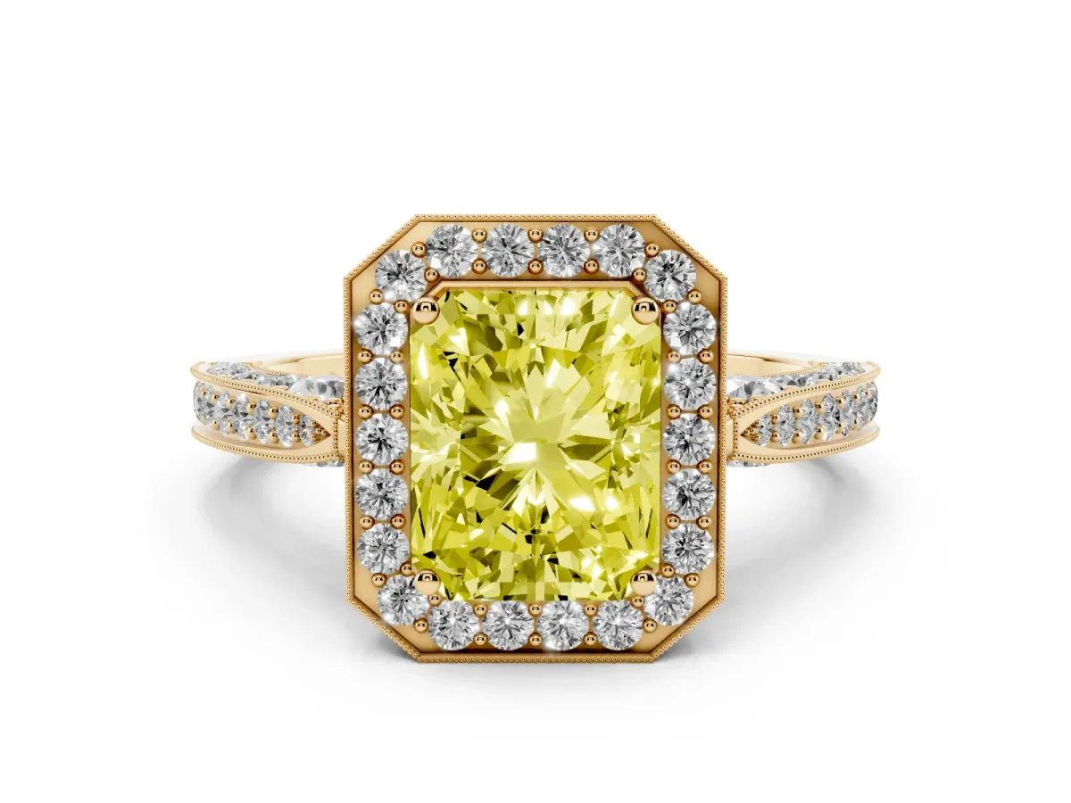Fancy Yellow Radiant Cut Halo Diamond Engagement Ring with Split Shank Band and Four-Prong Setting Yellow gold