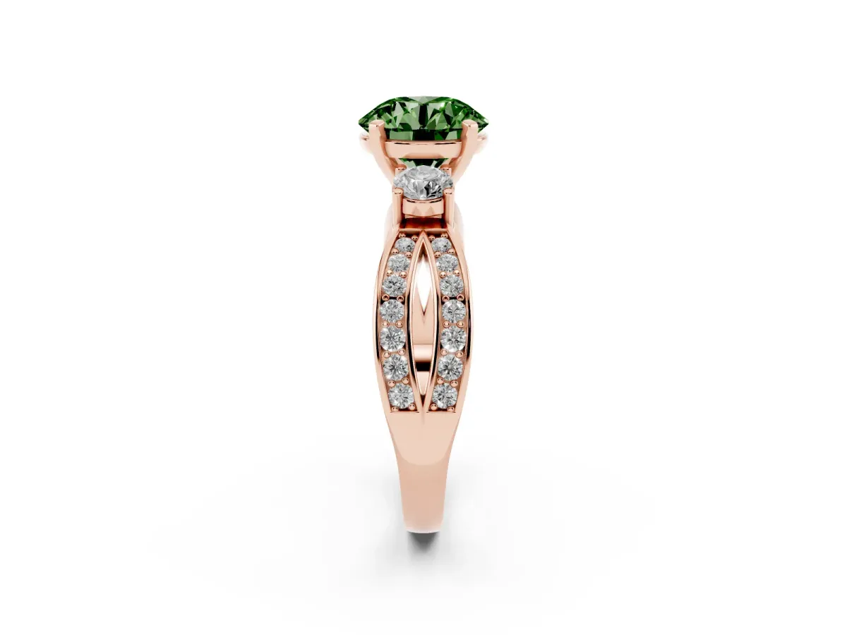 Fancy Green Three-Stone Round Cut Cut Diamond Twist Band with Prong Setting Rose gold