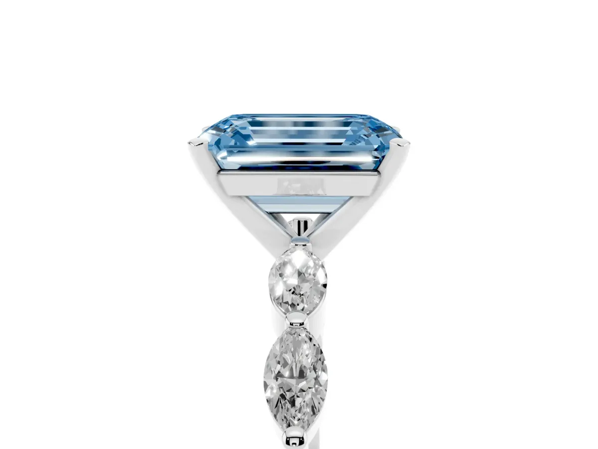 Fancy Blue Emerald Cut Diamond Ring with Marquise Side Stones and Prong Setting Platinum