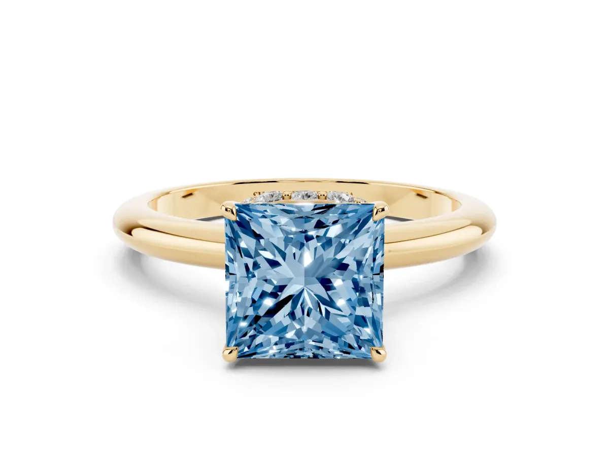 Fancy Blue Princess Cut Brilliant Solitaire Engagement Ring with Six-Prong Setting and Classic Band Yellow gold