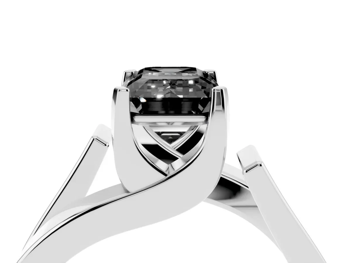 Fancy Black Modern Tension Set Emerald Cut Diamond Solitaire Wide Band Ring Silver