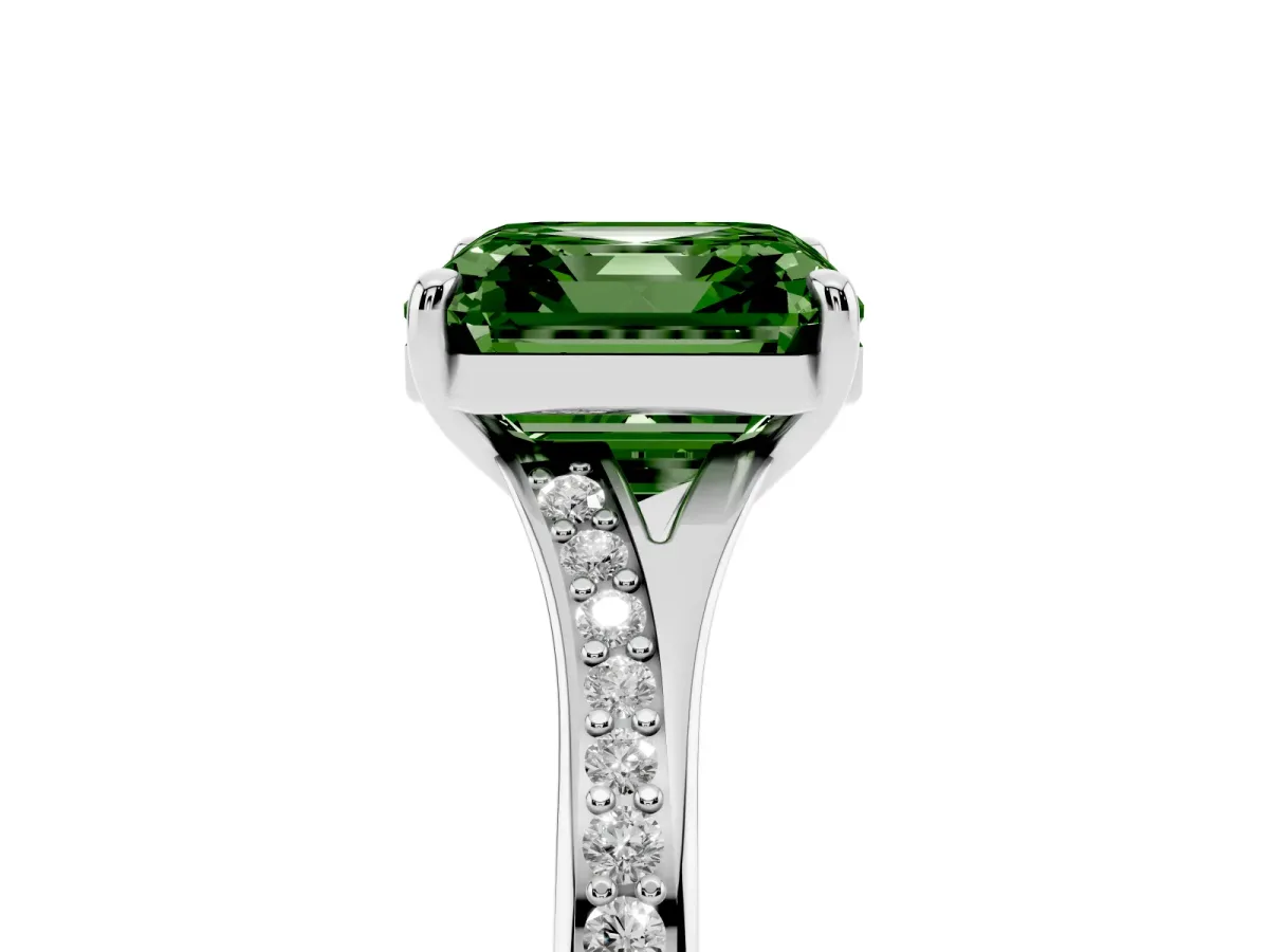 Fancy Green Asscher Cut Diamond Solitaire Ring with Pavé Band and Prong Setting Silver