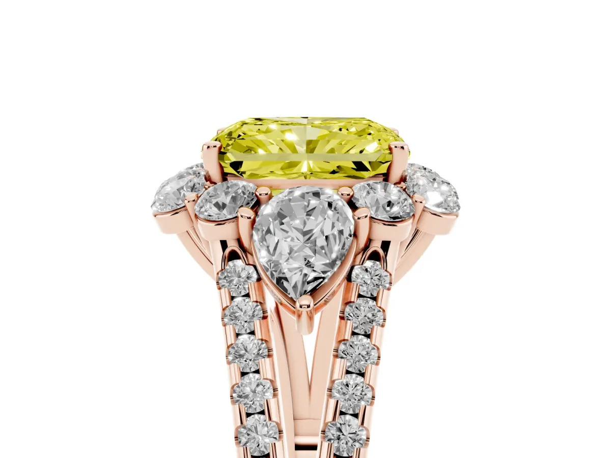 Fancy Yellow Radiant Cut Halo Split Shank Diamond Engagement Ring with Prong Setting Rose gold