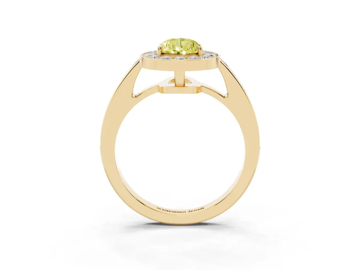 Fancy Yellow Pear Cut Halo Pavé Diamond Engagement Ring with Bezel Setting Yellow gold