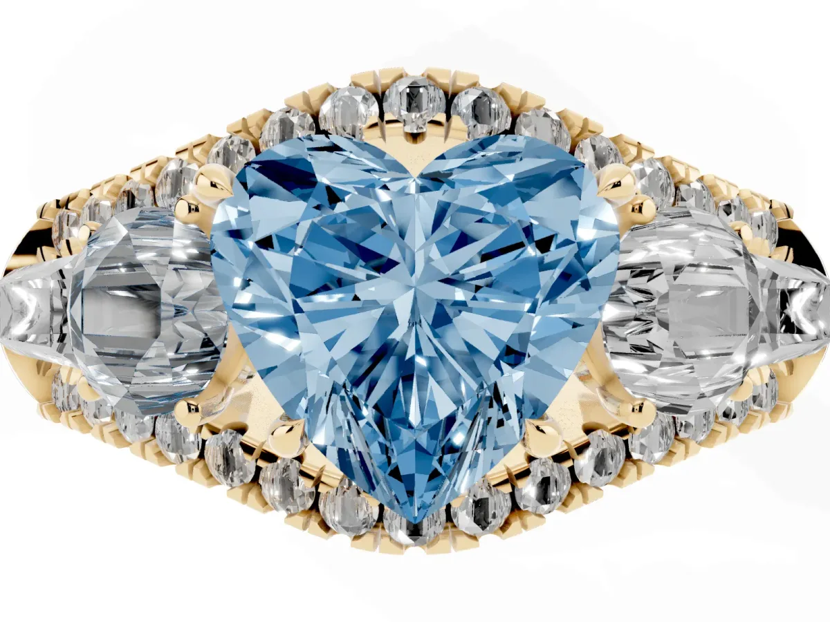Fancy Blue Three-Stone Heart Cut Diamond Engagement Ring with Pave Band and Prong Setting Yellow gold