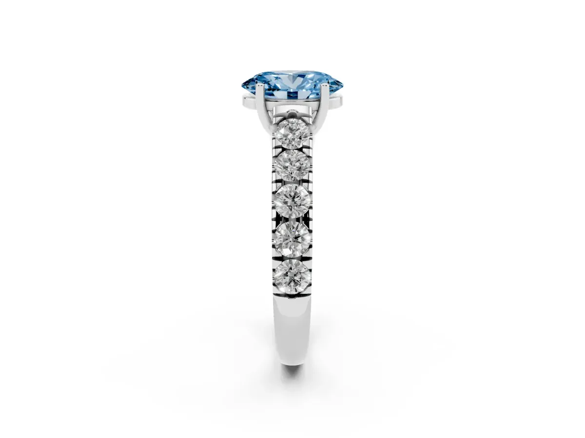 Fancy Blue Oval Cut Cut Diamond Solitaire Ring with Micro Pave Band and Prong Setting Silver