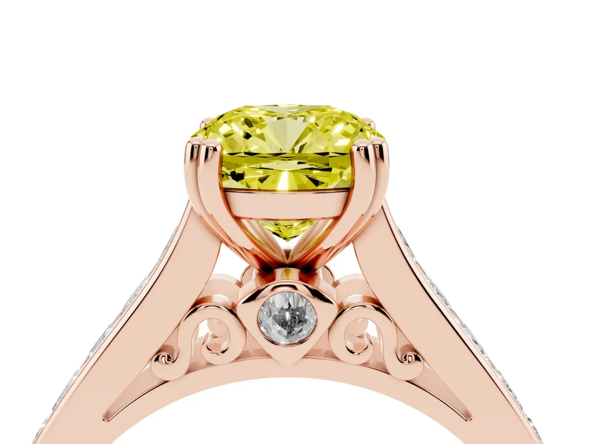 Fancy Yellow Cushion Cut Cut Channel Set Solitaire Engagement Ring with Prong Setting Rose gold
