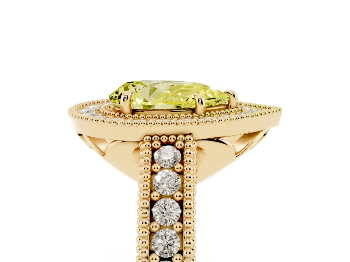 Fancy Yellow Pear Cut Cut Halo Diamond Ring with Pavé Band and Four-Prong Setting Yellow gold