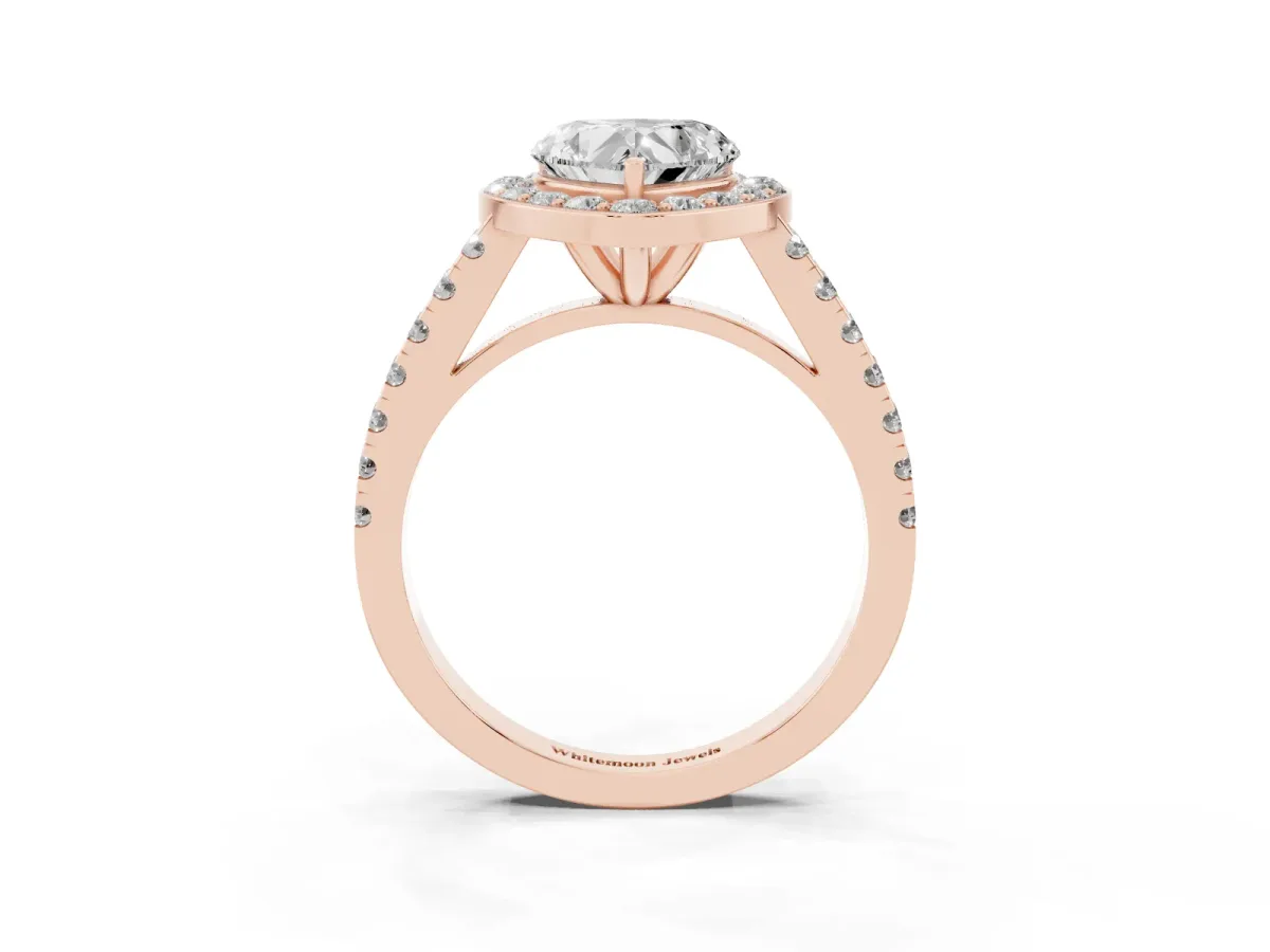 Heart Cut Diamond Halo Ring with Round Pavé Split Shank and Prong Setting Rose gold