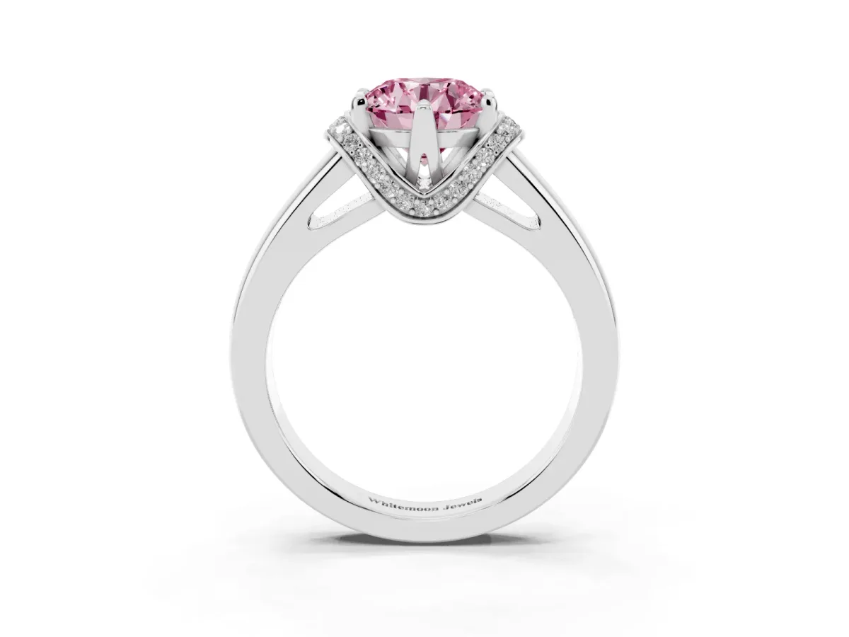 Fancy Pink Round Cut Solitaire Diamond Ring with Pave Band and Six-Prong Setting Silver