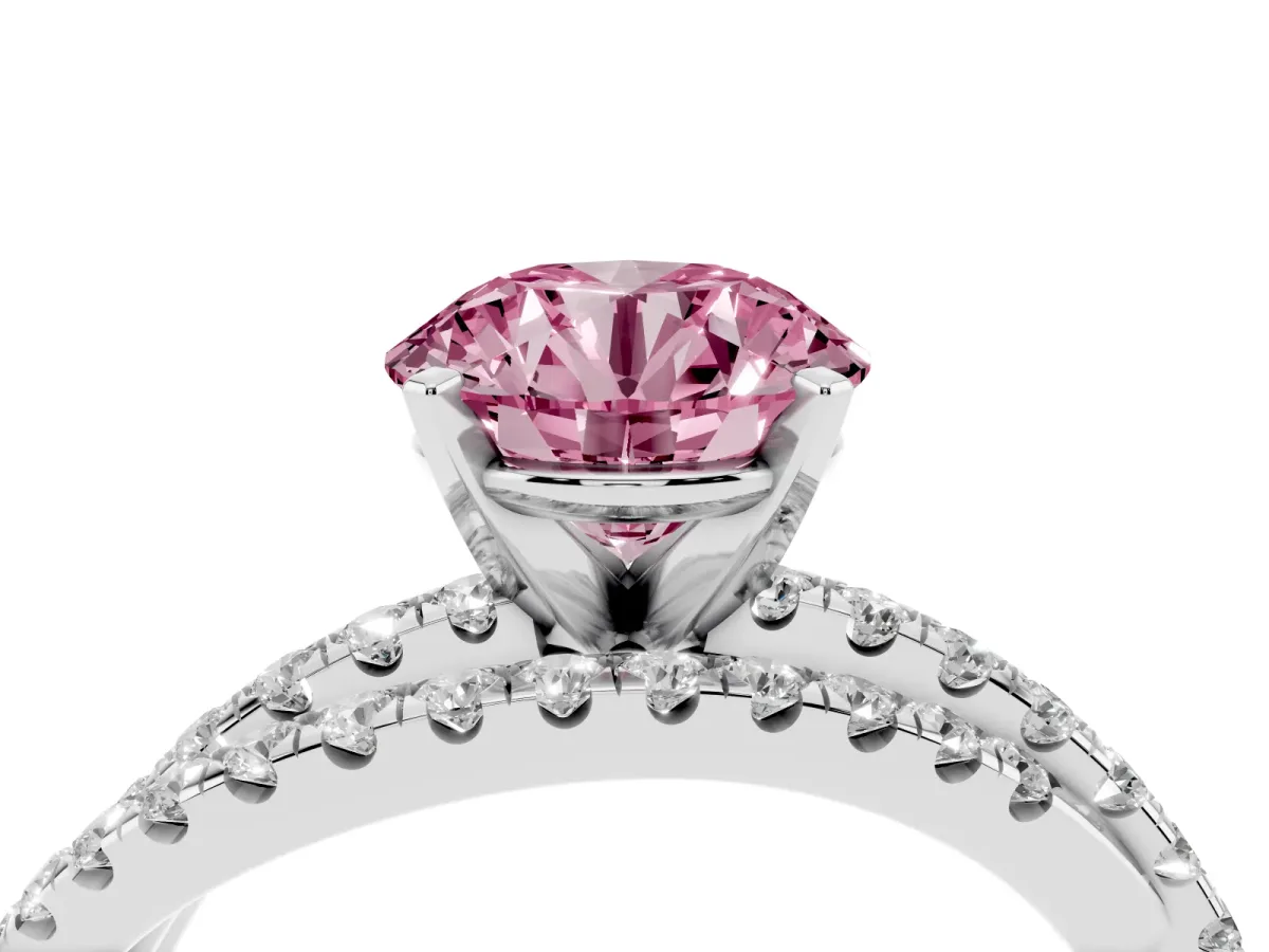 Fancy Pink Round Cut Solitaire Twist Band with Pavé Setting and Four-Prong Setting Silver