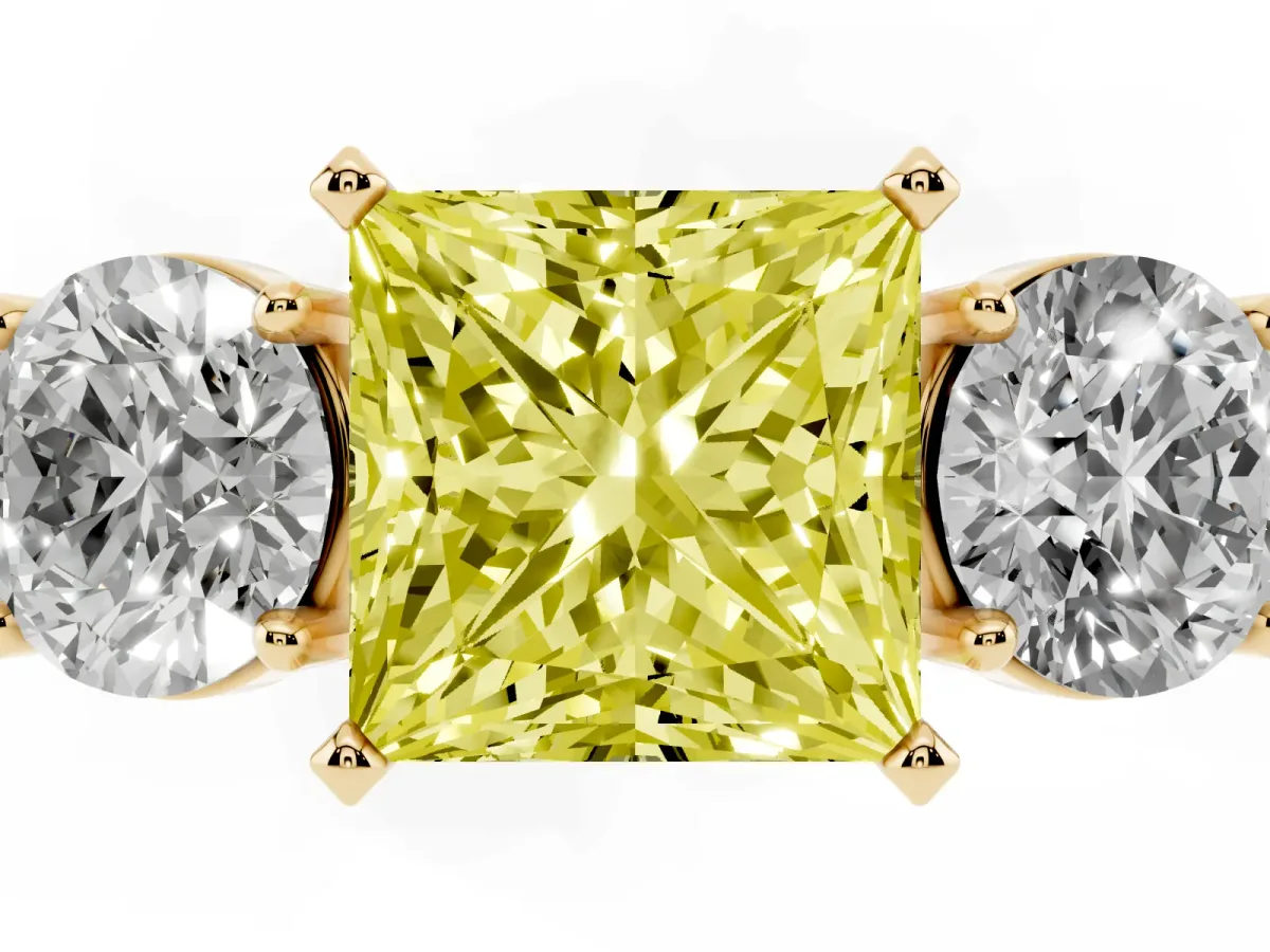 Fancy Yellow Three-Stone Princess Cut Diamond Ring with Round Side Stones, Classic Band, and Four-Prong Setting Yellow gold