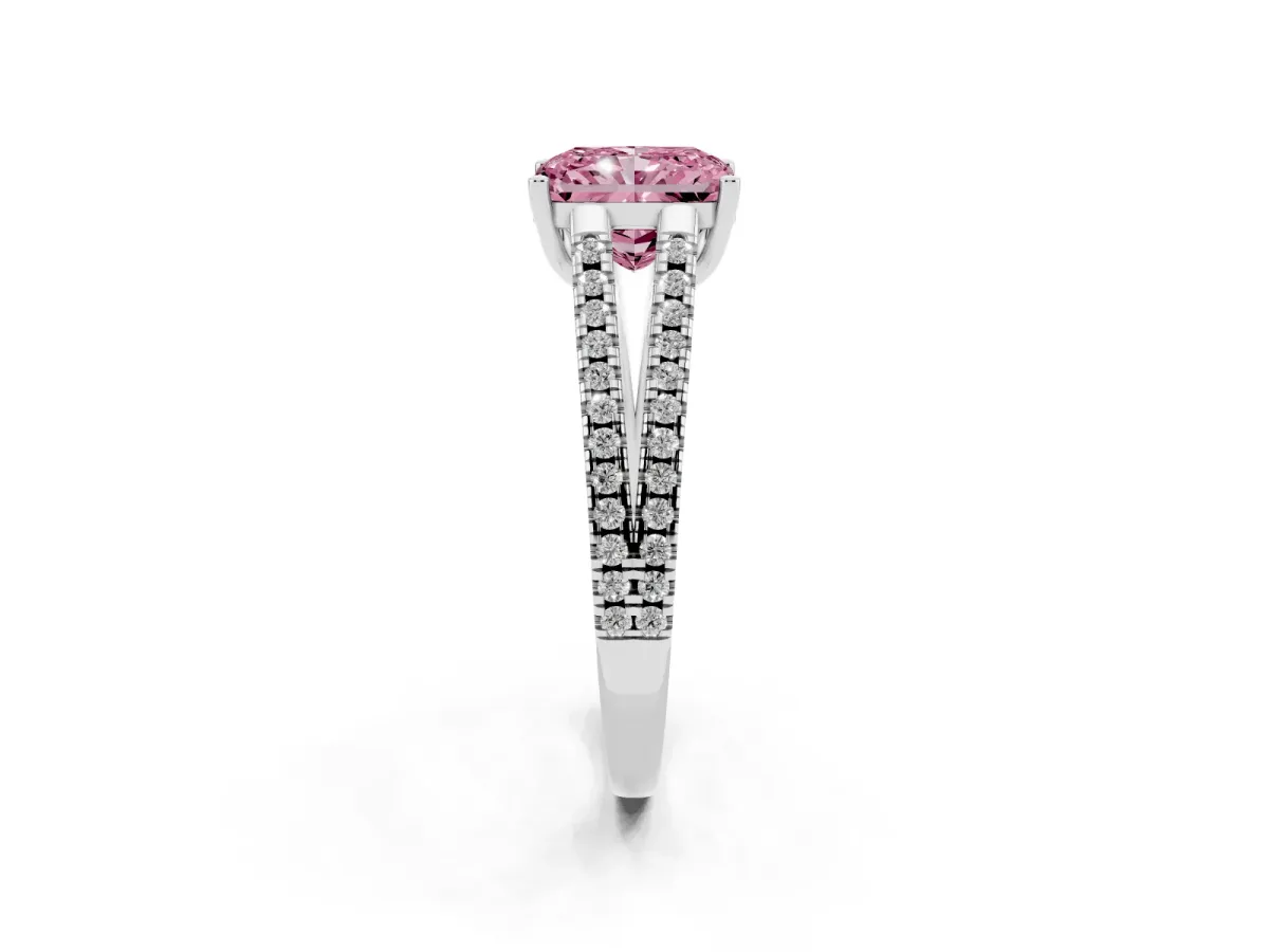 Fancy Pink Radiant Cut Diamond Solitaire Engagement Ring with Split Shank Pavé Band Silver