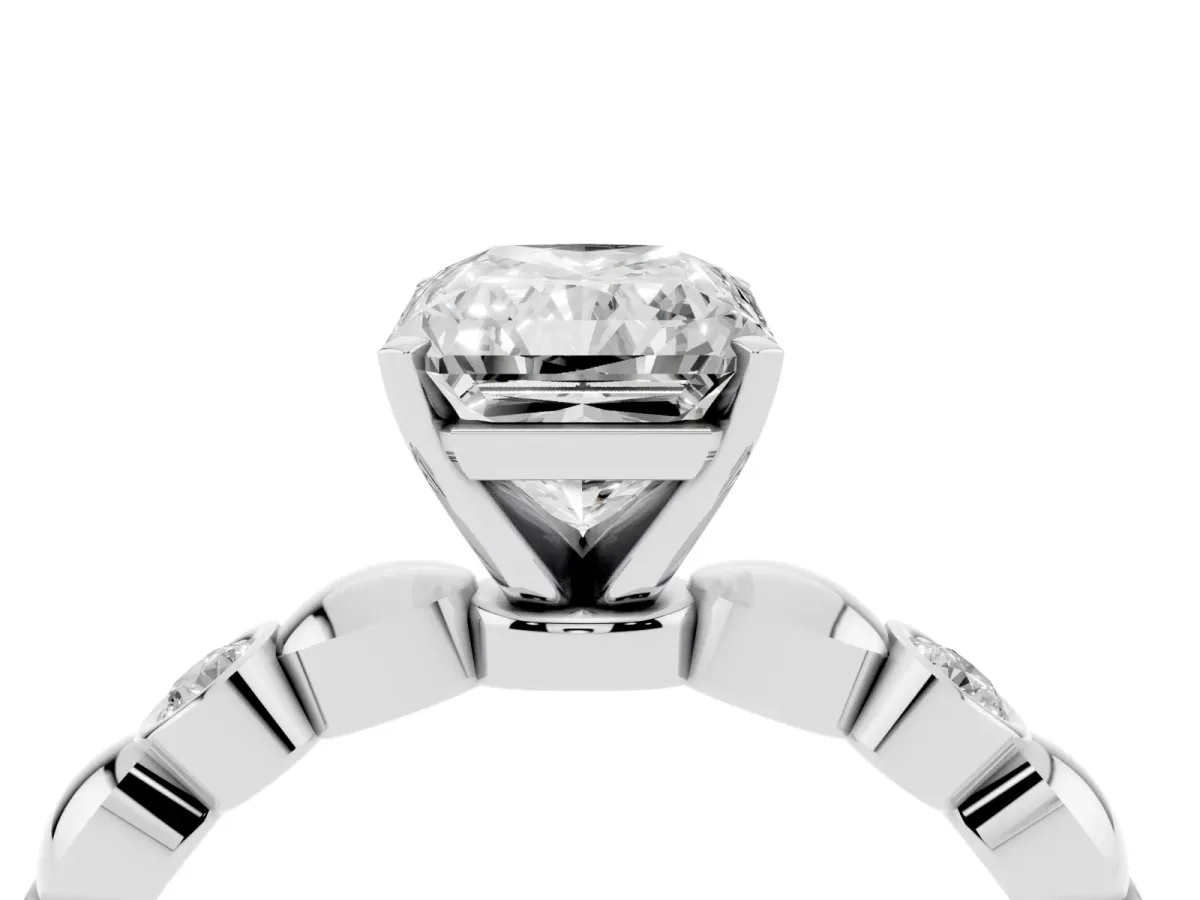 Radiant Cut Solitaire Bezel-Set Diamond Ring with Beaded Band and Four-Prong Setting Silver