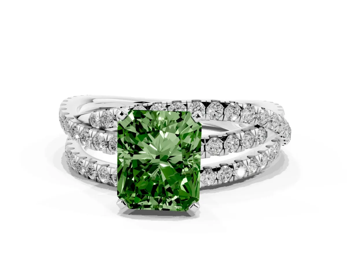 Fancy Green Radiant Cut Solitaire Twist Band with Pavé Setting and Four-Prong Setting Silver