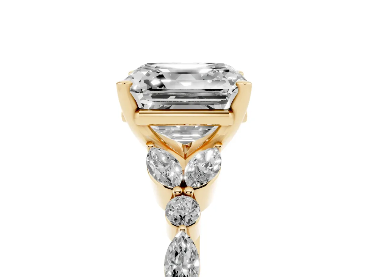 Asscher Cut Diamond Solitaire Ring with Side Stones and Four-Prong Setting Yellow gold
