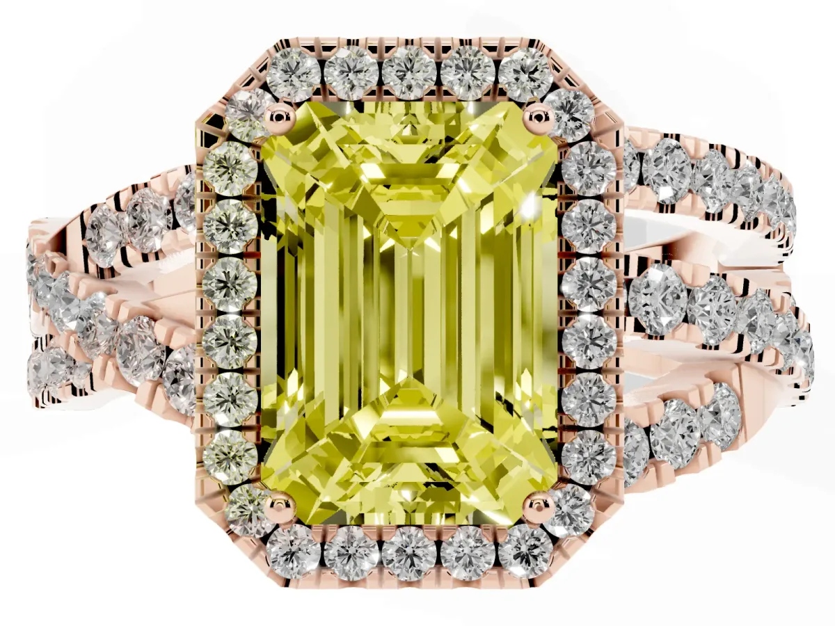 Fancy Yellow Emerald Cut Diamond Halo Ring with Round Split Shank and Prong Setting Rose gold