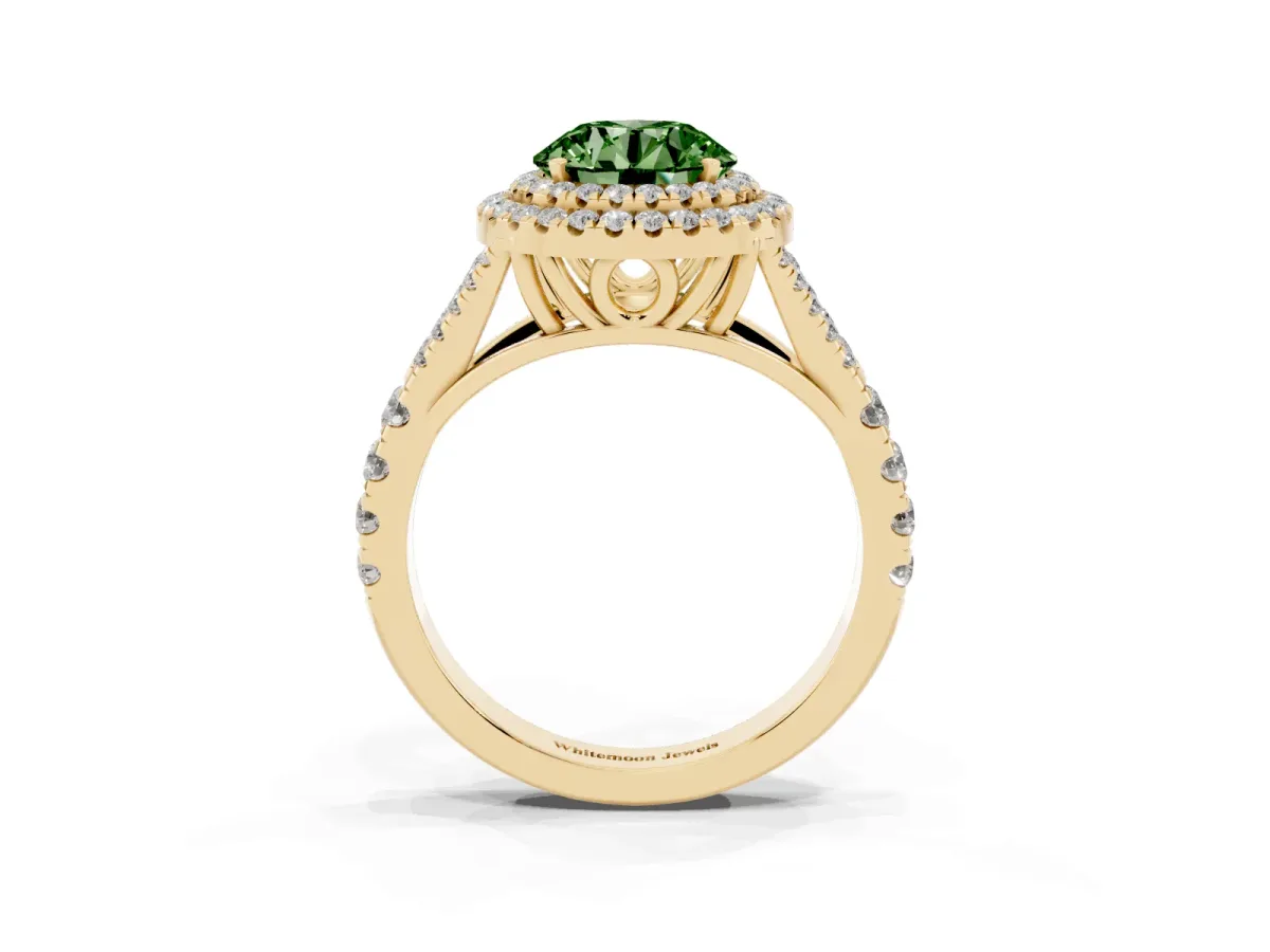 Fancy Green Round Cut Cut Double Halo Split Shank Diamond Ring with Prong Setting Yellow gold