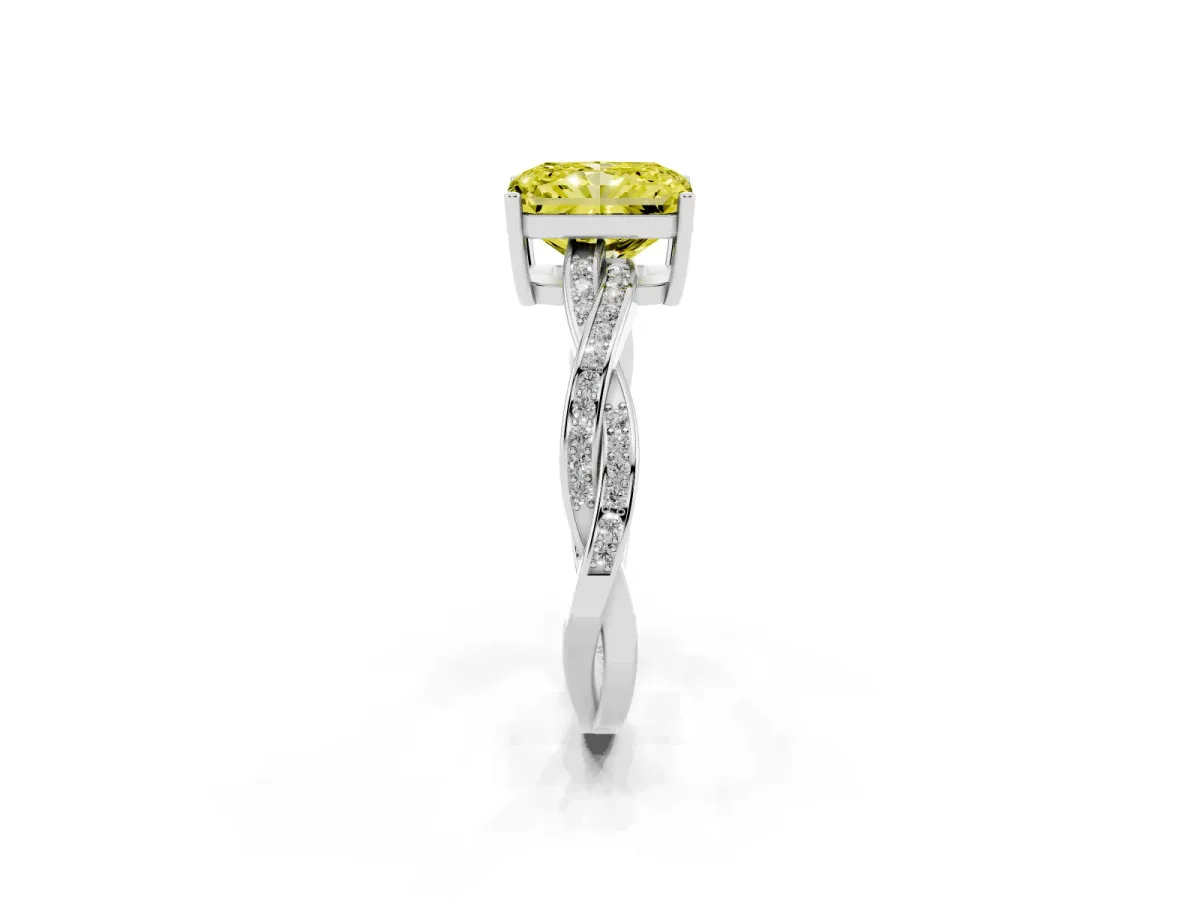 Fancy Yellow Radiant Cut Solitaire Twisted Pave Diamond Ring with Four-Prong Setting Silver