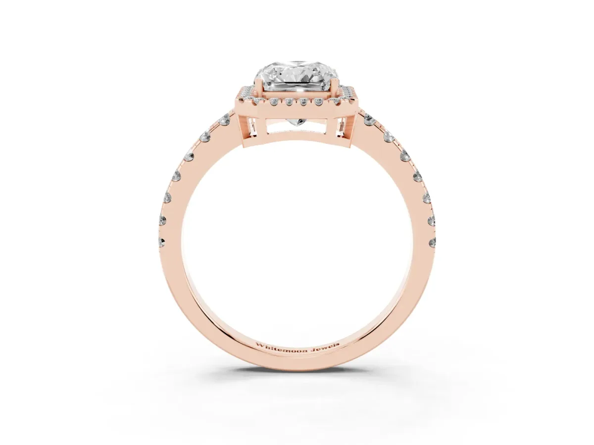 Radiant Cut Diamond Halo Ring with Pavé Band and Four-Prong Setting Rose gold