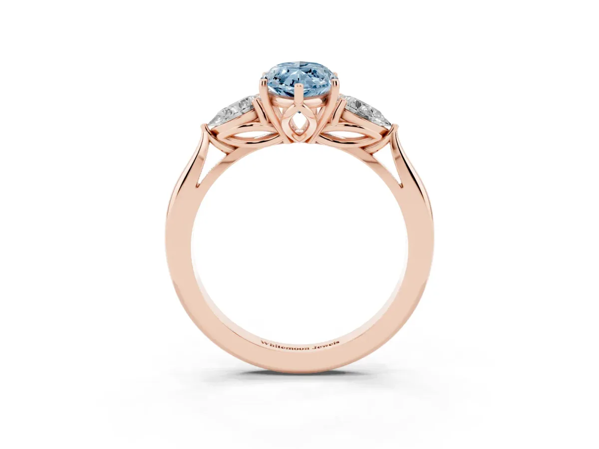 Fancy Blue Three-Stone Marquise Cut Brilliant Diamond Solitaire Ring with Tapered Band and Four-Prong Setting Rose gold