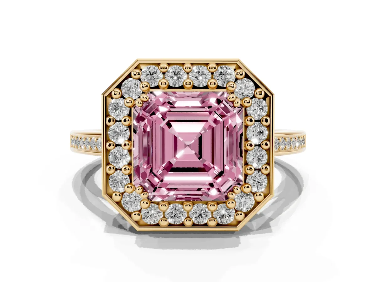 Fancy Pink Asscher Cut Diamond Halo Ring with Split Shank and Four-Prong Setting Yellow gold