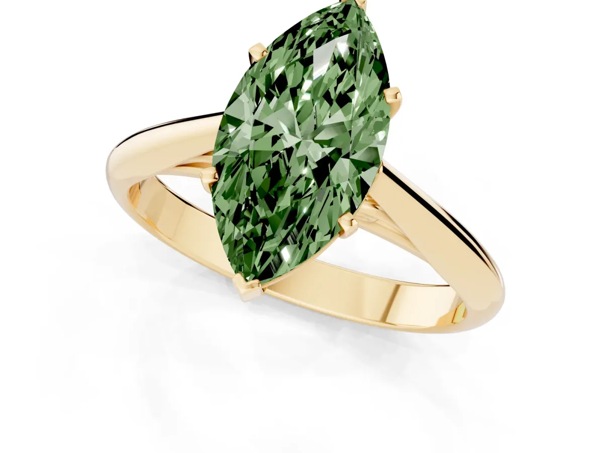 Fancy Green Marquise Cut Diamond Solitaire Engagement Ring with Cathedral Setting and Four-Prong Mount Yellow gold