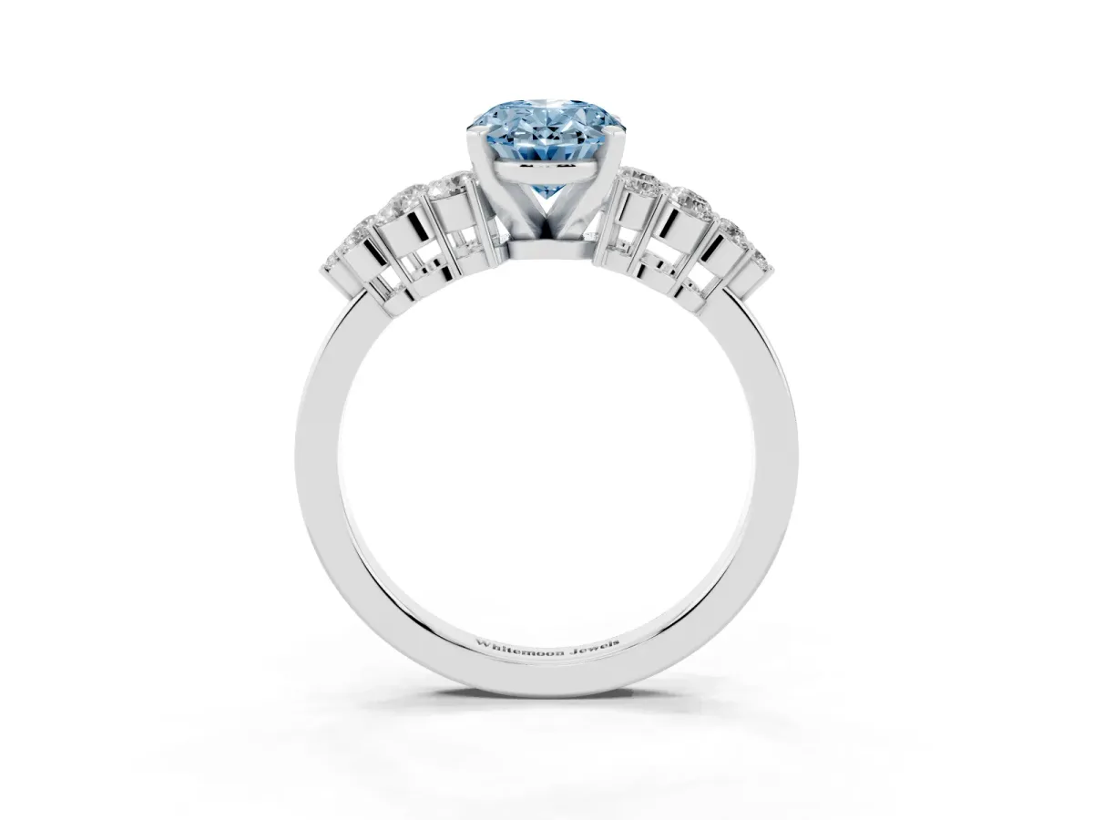 Fancy Blue Oval Cut Cluster Diamond Engagement Ring with Pavé Band and Four-Prong Setting Silver