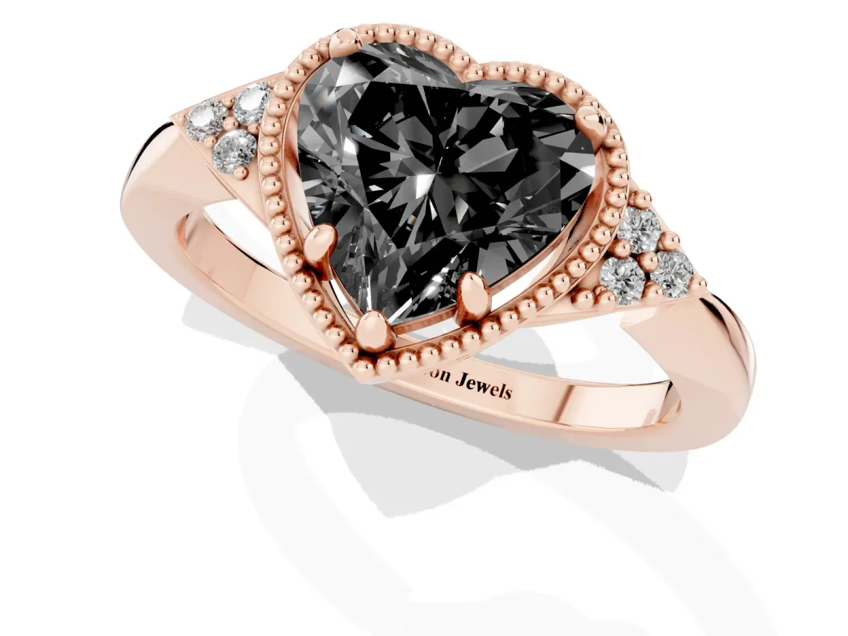 Fancy Black Hexagonal Halo Heart Cut Diamond Solitaire with Pavé Band and Four-Prong Setting Rose gold