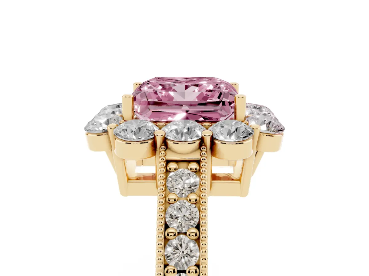 Fancy Pink Princess Cut Cut Halo Diamond Pavé Engagement Ring with Milgrain Detailing Yellow gold