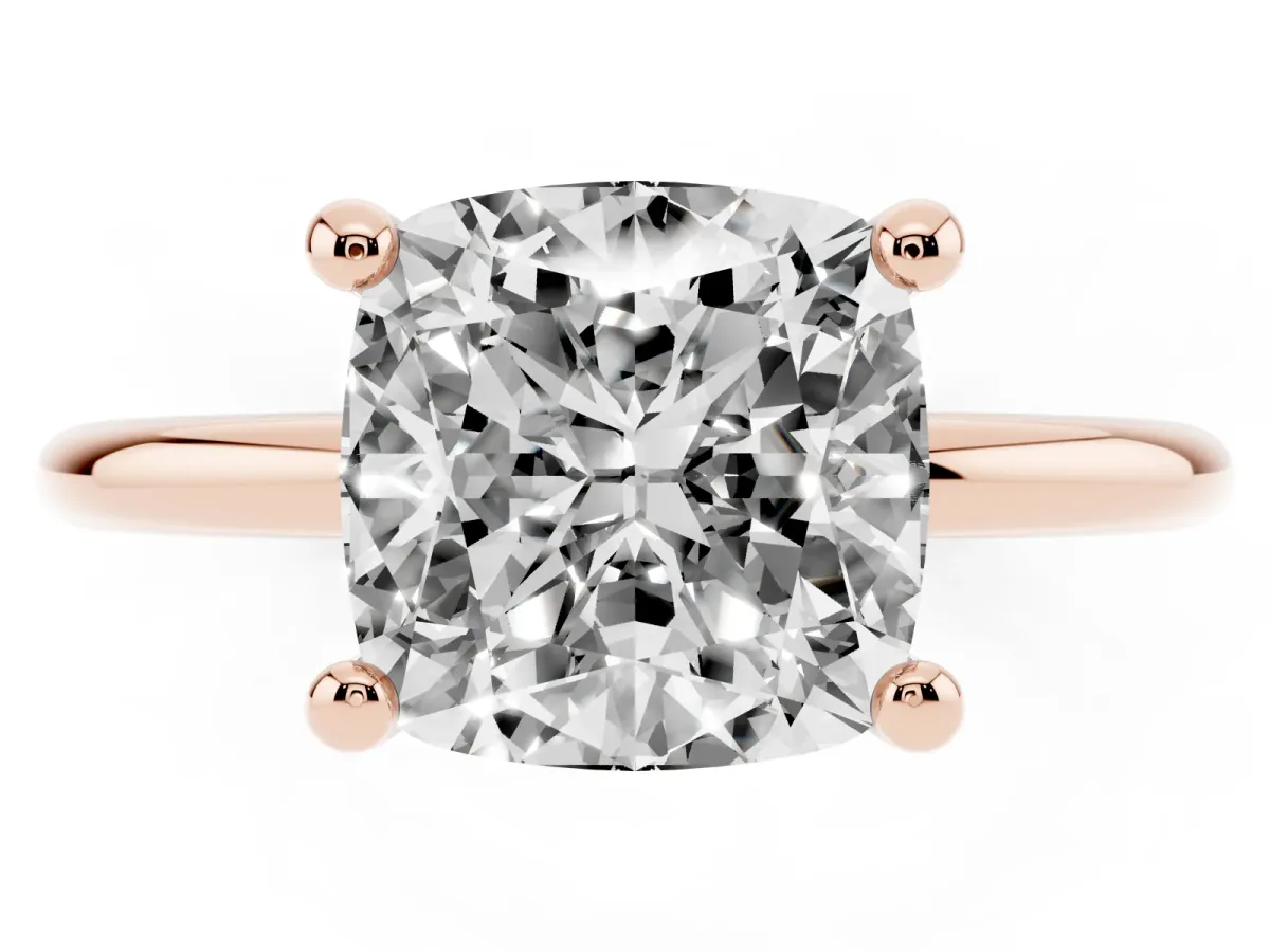 Cushion Cut Solitaire Diamond Ring with 4-Prong Setting on a Classic Band Rose gold