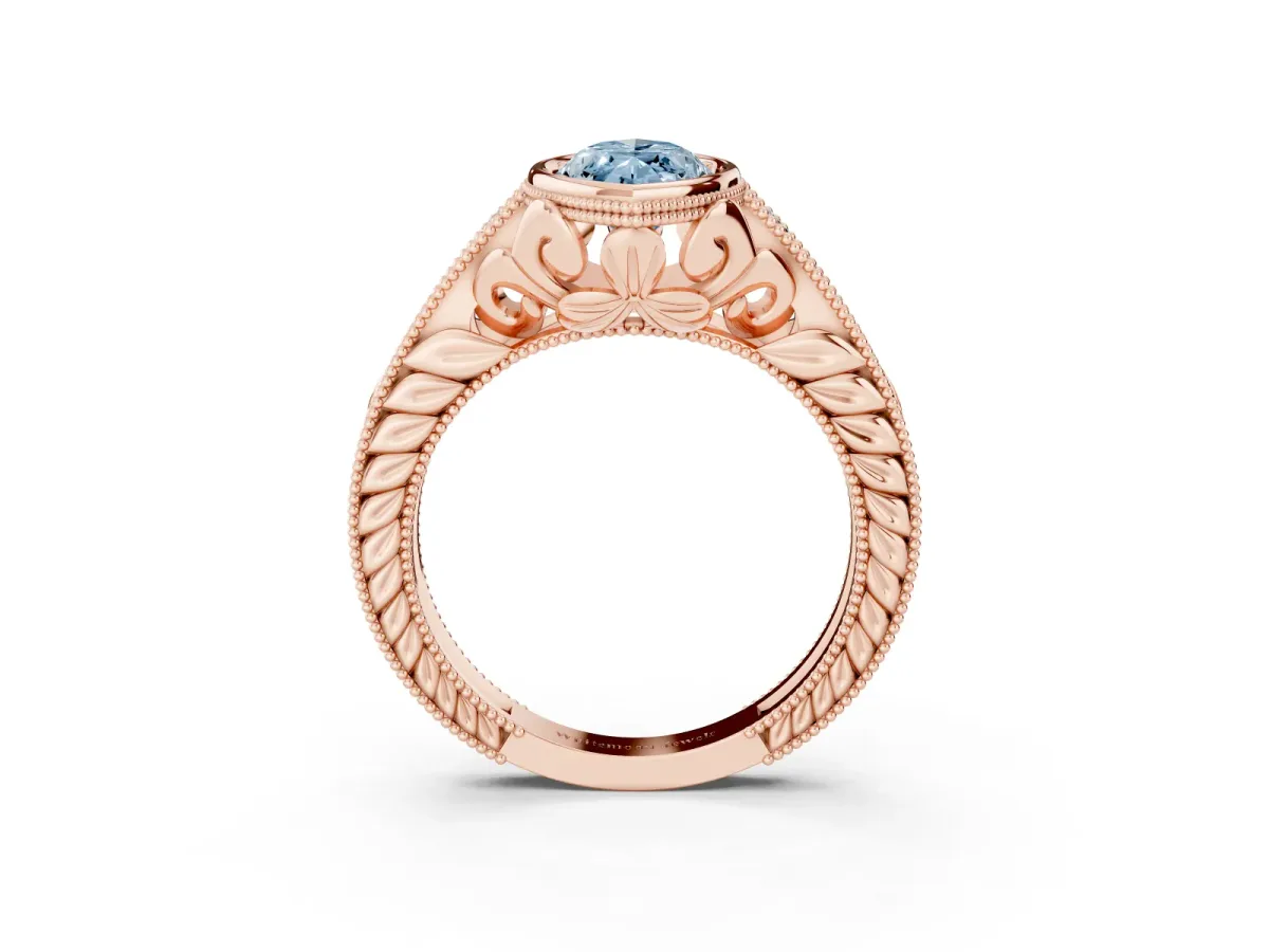 Fancy Blue Bezel Set Marquise Cut Diamond Milgrain Pave Engagement Ring Rose gold