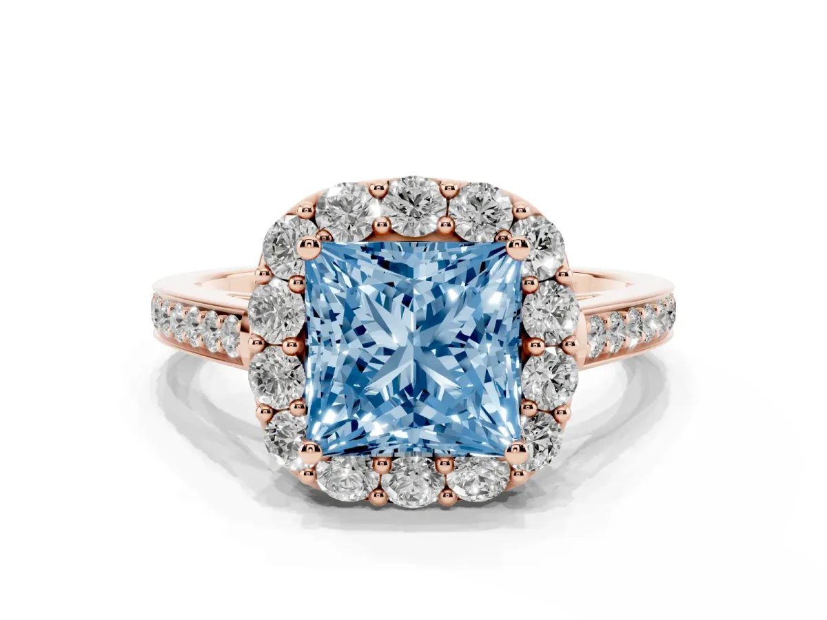 Fancy Blue Princess Cut Diamond Floral Halo Ring with Pavé Band and Prong Setting Rose gold