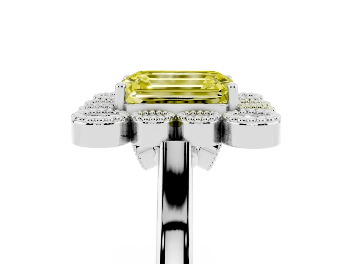 Fancy Yellow Emerald Cut Halo Diamond Cluster Engagement Ring with Milgrain Bezel Setting and Solitaire Band Silver