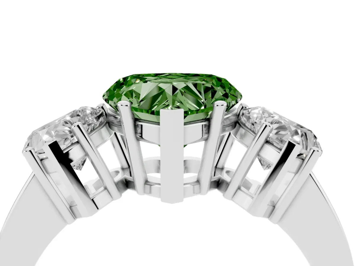Fancy Green Three-Stone Heart Cut Cut Diamond Engagement Ring with Flat Band and Four-Prong Setting Silver