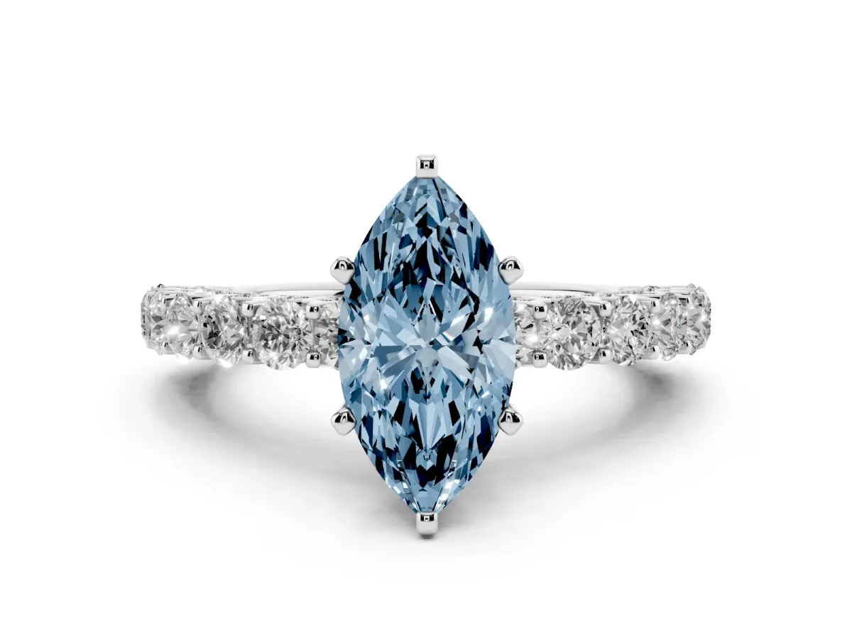 Fancy Blue Marquise Cut Diamond Solitaire Ring with Shared Prong Pavé Band and Four-Prong Setting Silver